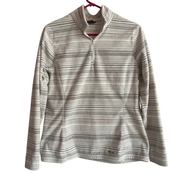 Eddie Bauer Women's Fleece Half Zip Jacket Size L Gray White Striped Cabinwear - Picture 1 of 10